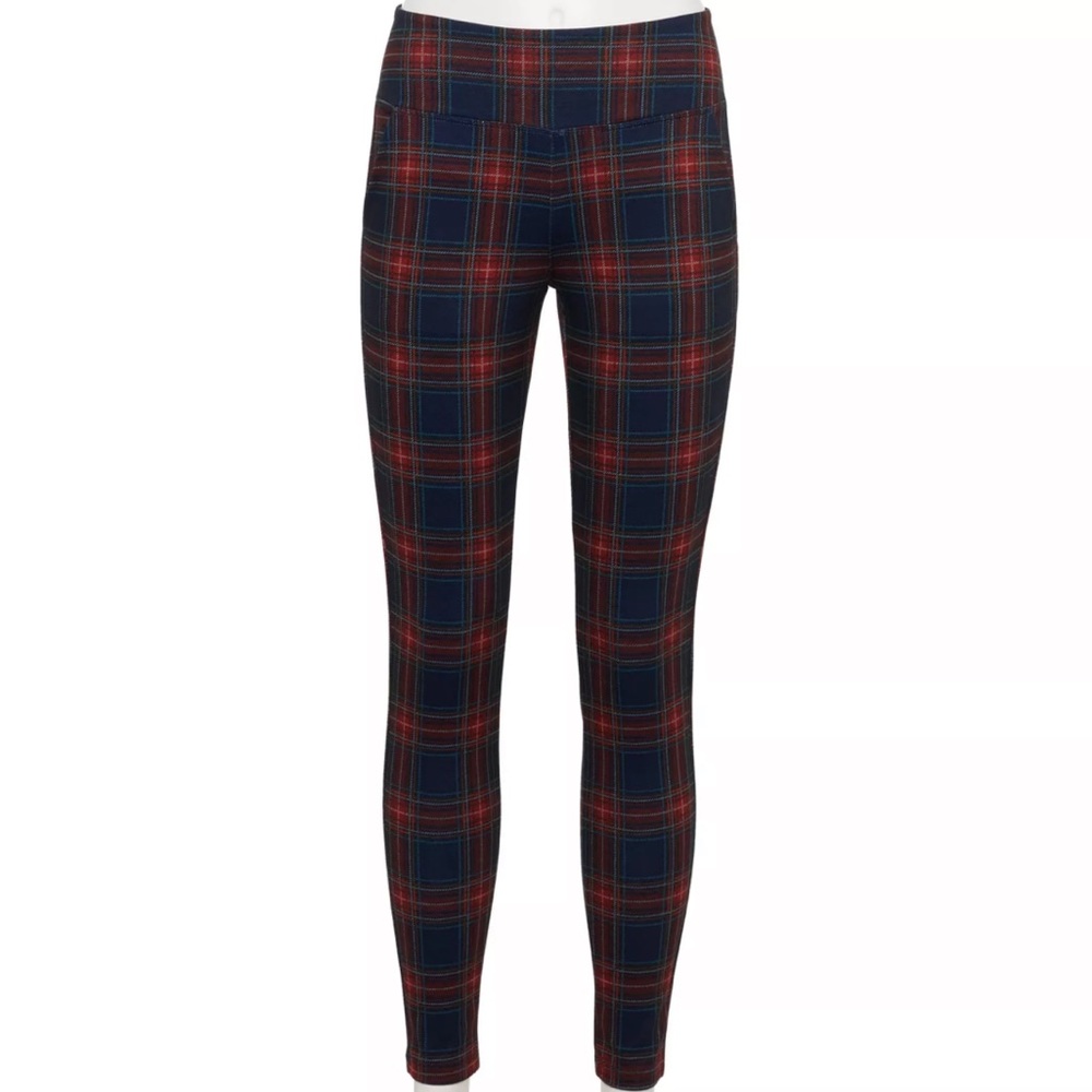 SO Plaid Ponte Leggings in Red and Blue
